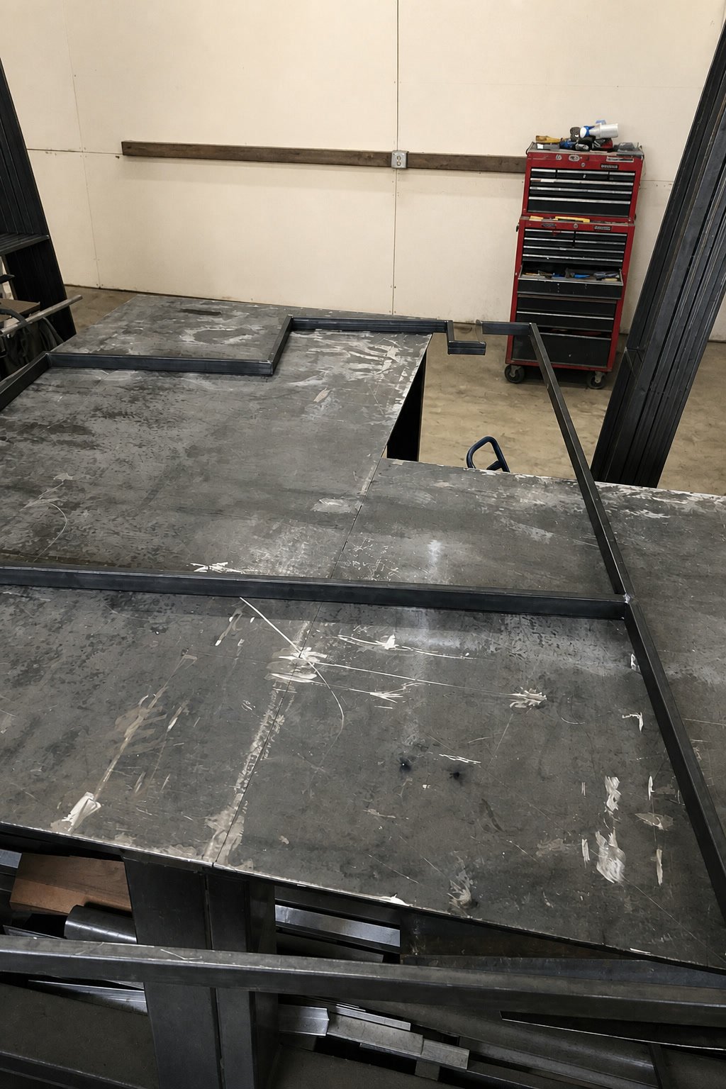 Custom steel frame on the shop bench during Roberts Pizza fabrication
