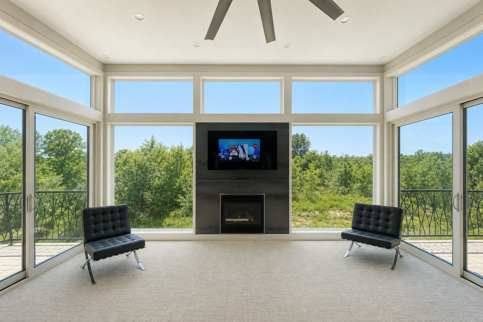 Sun-filled room with a custom floor-to-ceiling black-steel fireplace surround, Barcelona chairs, and hand-forged iron railings visible through full-height windows