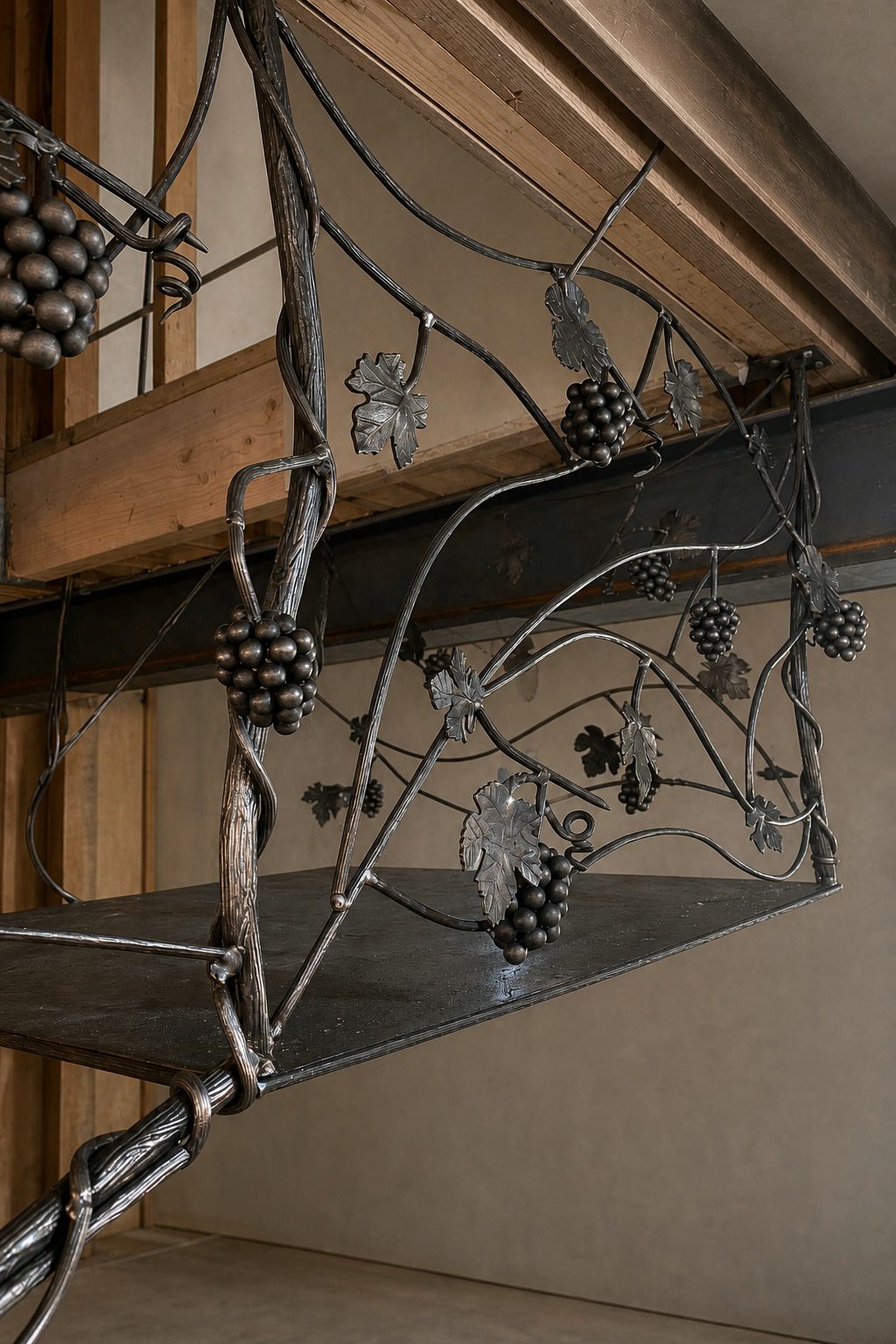 Hand-forged vine railing section with grape clusters and leaf forms