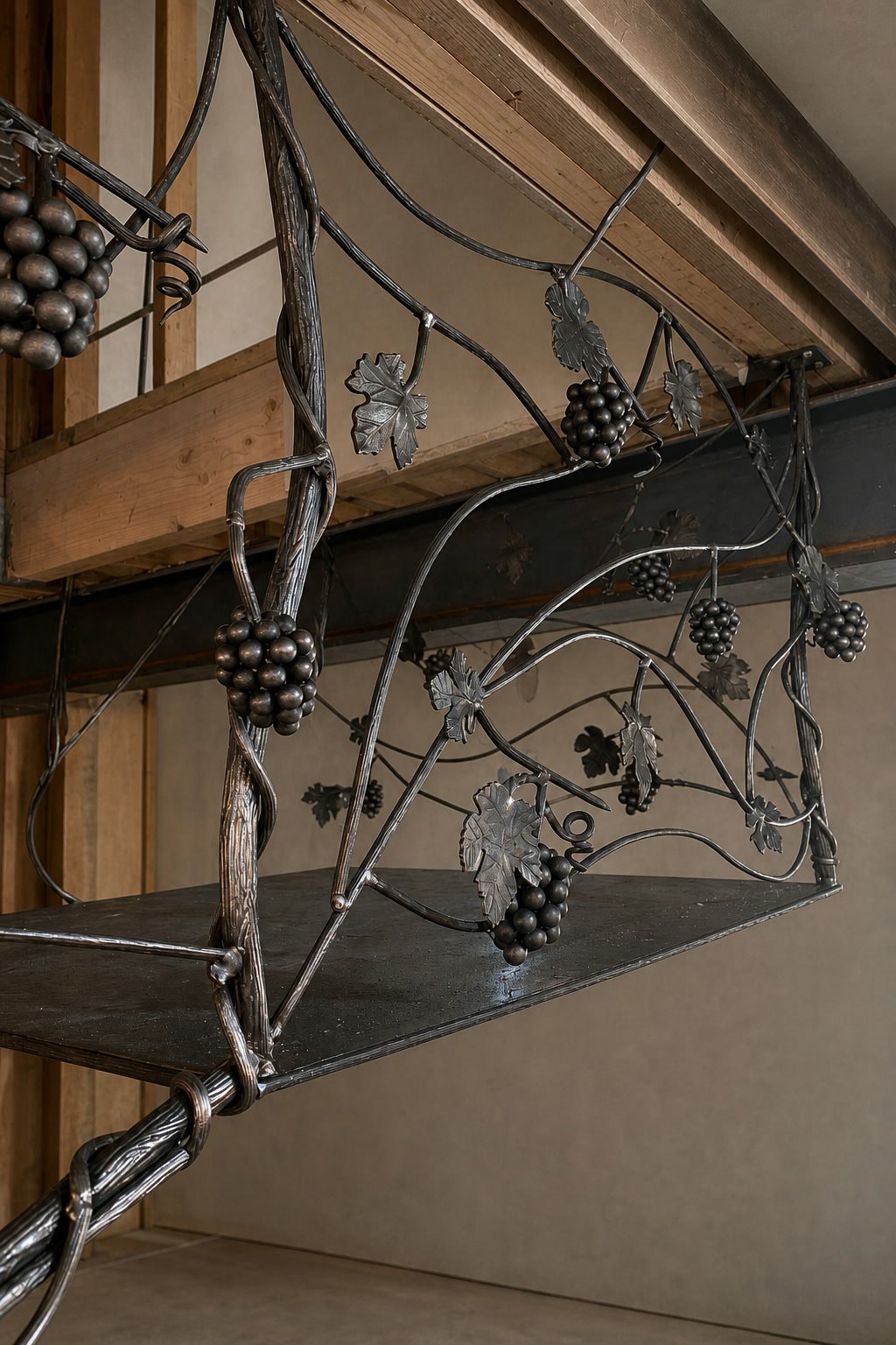 Hand-forged vine railing section with grape clusters and leaf forms