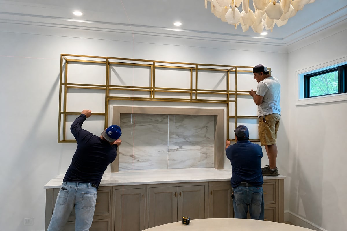Breuder crew leveling a custom shelving installation on site